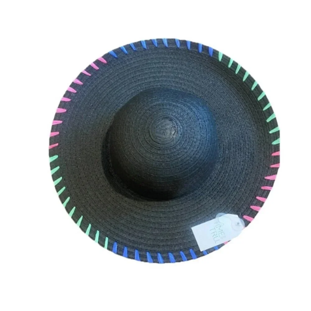 Time & Tru Women’s Black Straw Floppy Hat Whipstitch Wide Brim One Size